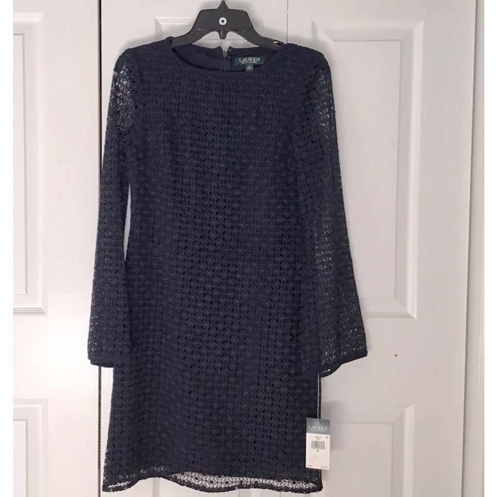 Ralph Lauren Lauren Classic Dress Blue Lace Long Sleeves Boat Neck 4